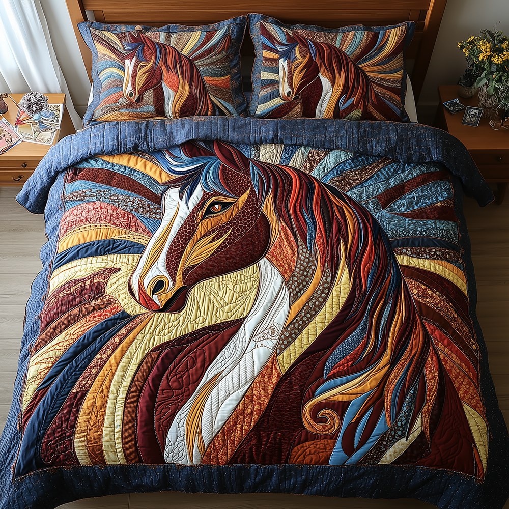 Horse quilted 3-piece bedding set on a made bed in a rustic timber bedroom