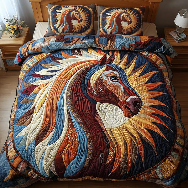 Horse quilted 3-piece bedding set on a made bed in a rustic timber bedroom