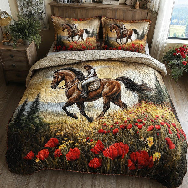 Horse Riding quilted 3-piece bedding set on a made bed in a rustic timber bedroom