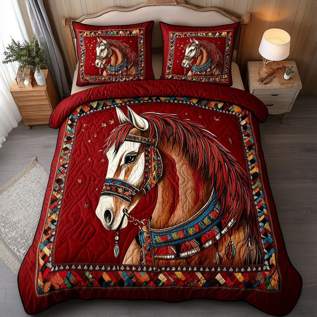 Horse Sky quilted 3-piece bedding set on a made bed in a rustic timber bedroom