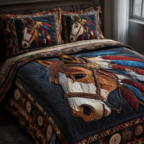 Horse Spirit quilted 3-piece bedding set on a made bed in a rustic timber bedroom