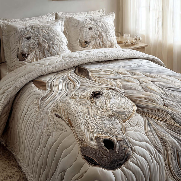 Horse Spirit quilted 3-piece bedding set on a made bed in a rustic timber bedroom