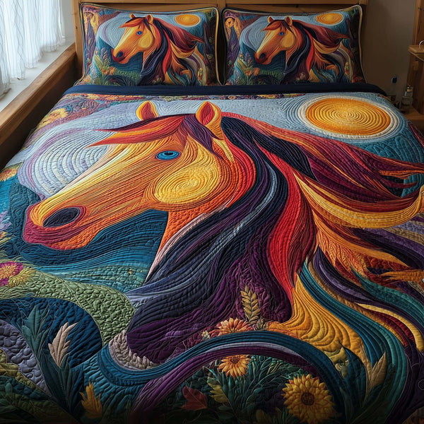 Horse Spirit quilted 3-piece bedding set on a made bed in a rustic timber bedroom