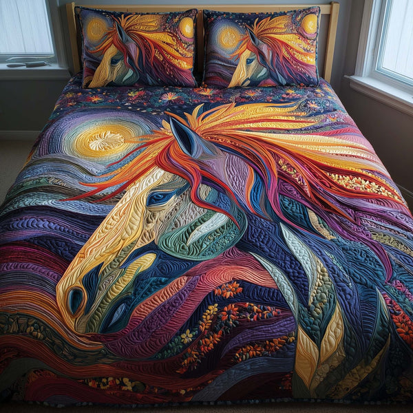 Horse Spirit quilted 3-piece bedding set on a made bed in a rustic timber bedroom
