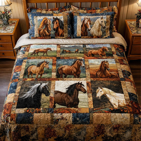 Horse Spirit quilted 3-piece bedding set on a made bed in a rustic timber bedroom