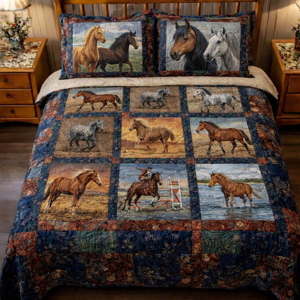 Horse Spirit quilted 3-piece bedding set on a made bed in a rustic timber bedroom