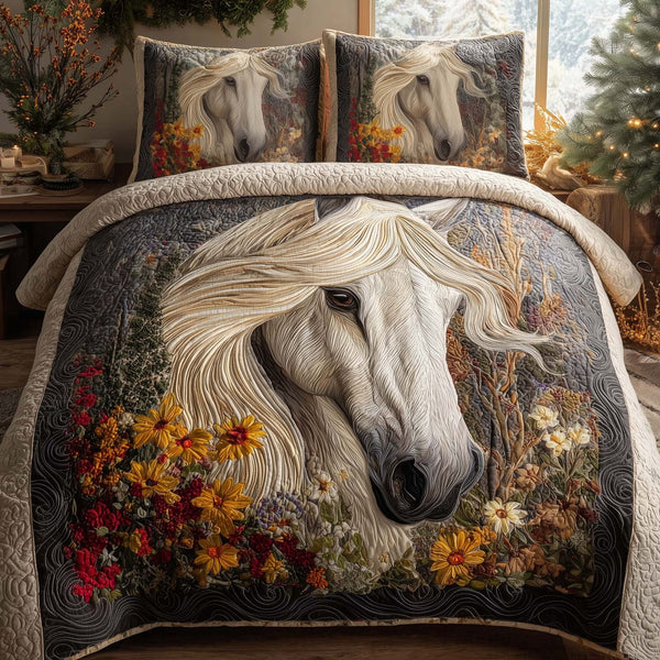 Horse Spirit quilted 3-piece bedding set on a made bed in a rustic timber bedroom