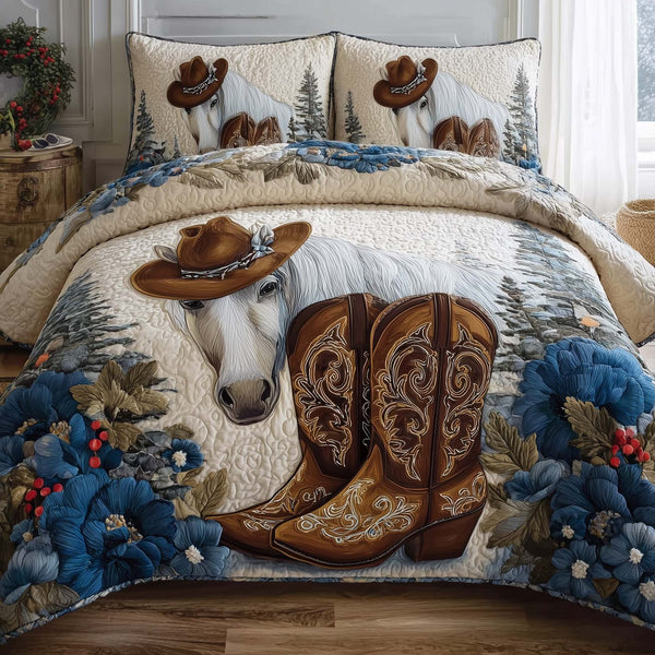 Horse Spirit quilted 3-piece bedding set on a made bed in a rustic timber bedroom