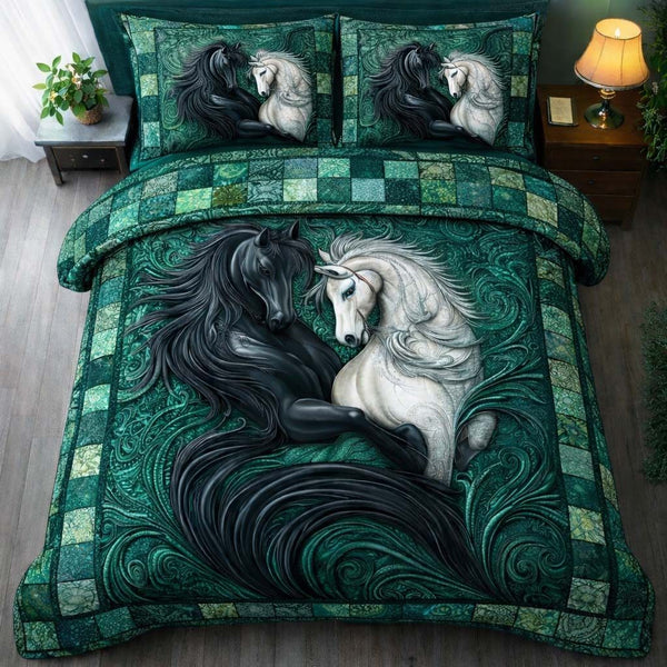 Horse Spirit quilted 3-piece bedding set on a made bed in a rustic timber bedroom