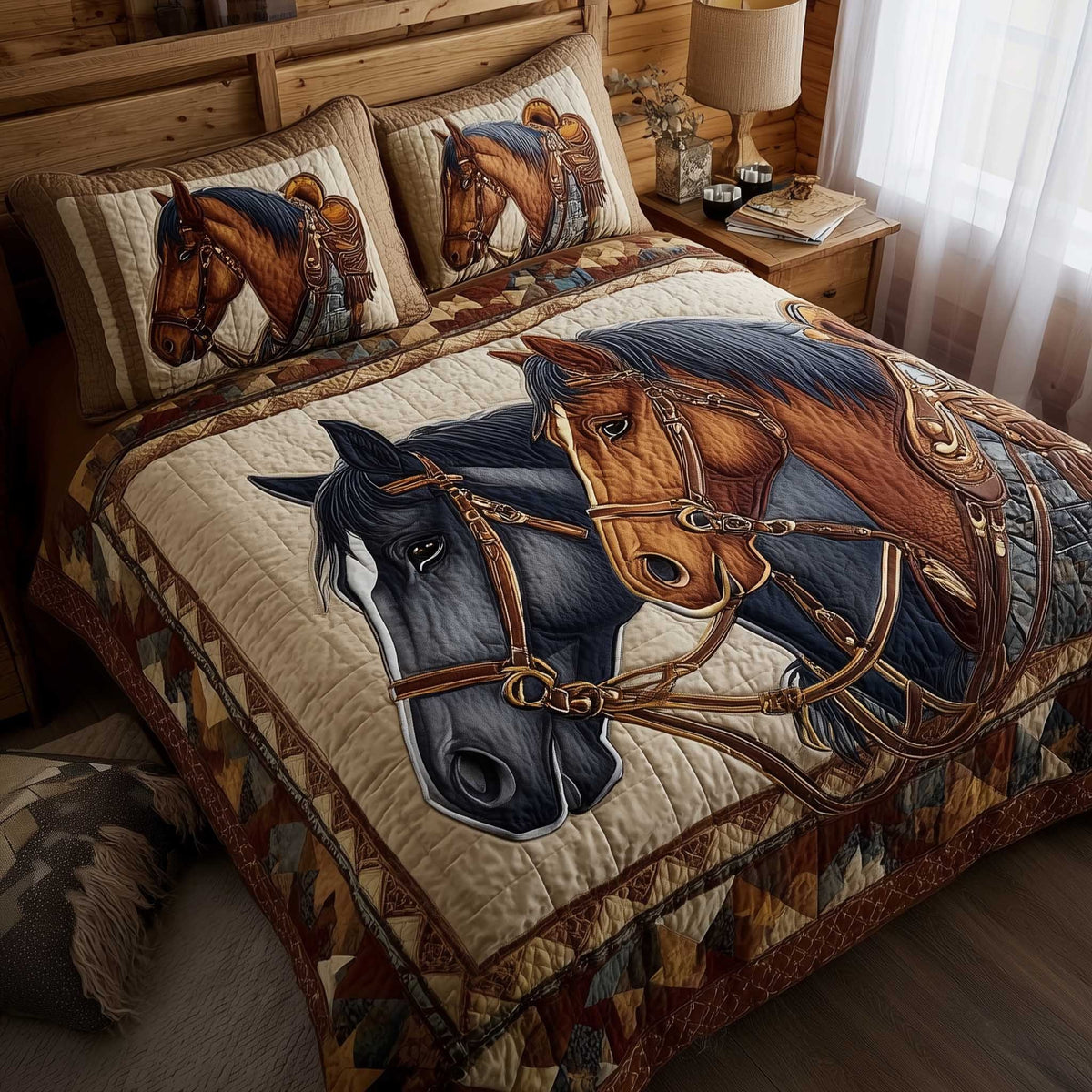 Horse Spirit quilted 3-piece bedding set on a made bed in a rustic timber bedroom