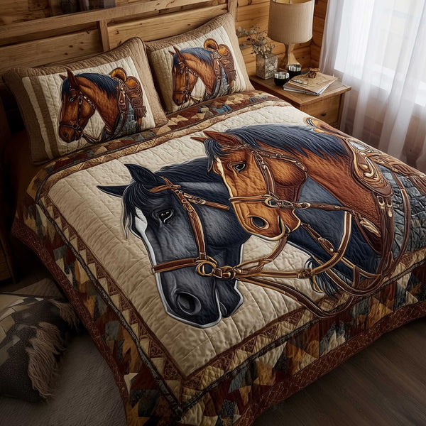 Horse Spirit quilted 3-piece bedding set on a made bed in a rustic timber bedroom
