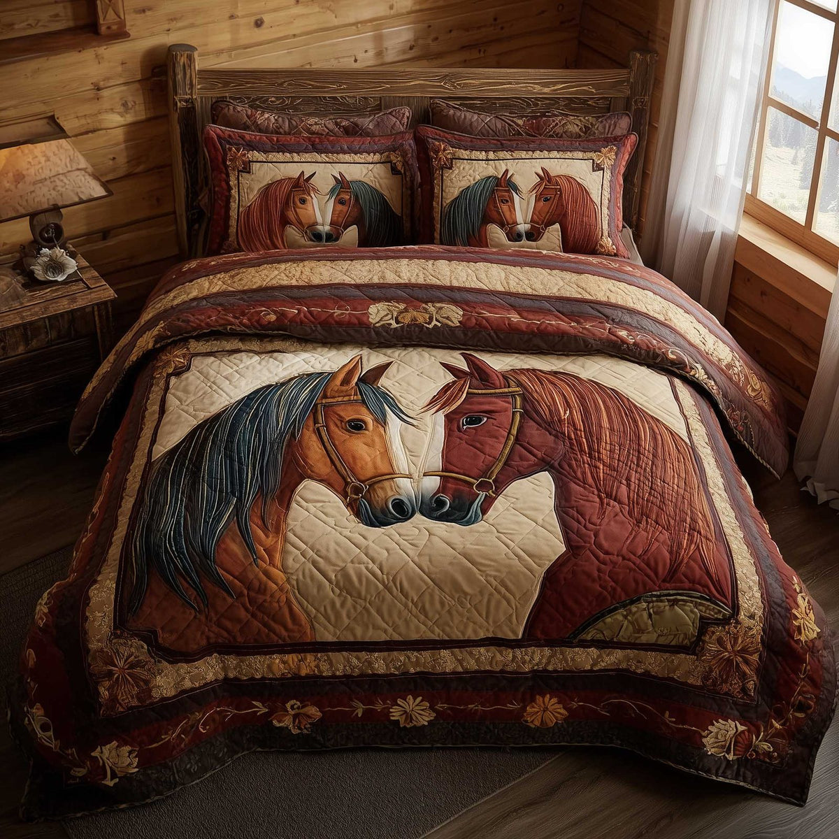 Horse Spirit quilted 3-piece bedding set on a made bed in a rustic timber bedroom