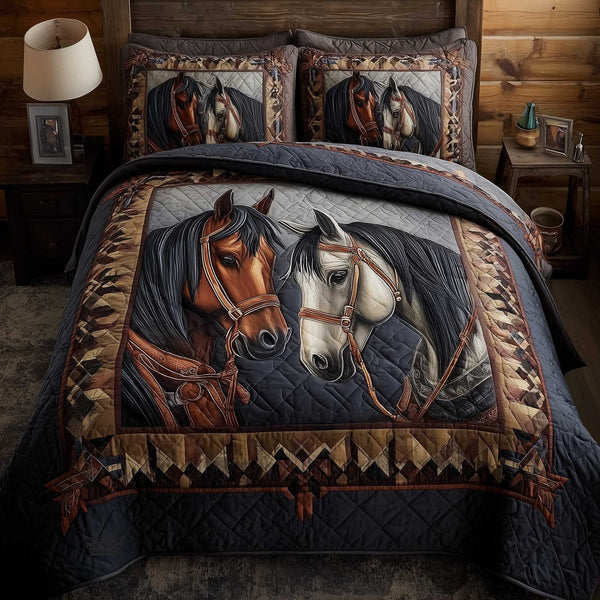 Horse Spirit quilted 3-piece bedding set on a made bed in a rustic timber bedroom