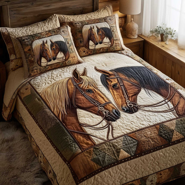 Horse Spirit quilted 3-piece bedding set on a made bed in a rustic timber bedroom