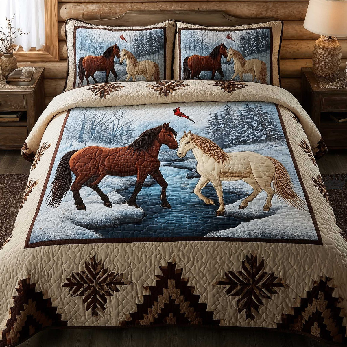 Horse Spirit quilted 3-piece bedding set on a made bed in a rustic timber bedroom