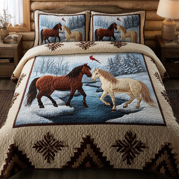Horse Spirit quilted 3-piece bedding set on a made bed in a rustic timber bedroom