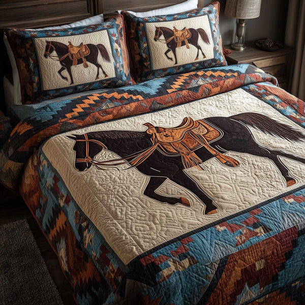 Horse Spirit quilted 3-piece bedding set on a made bed in a rustic timber bedroom