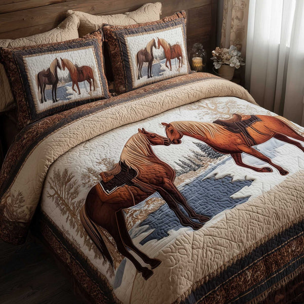 Horse Spirit quilted 3-piece bedding set on a made bed in a rustic timber bedroom