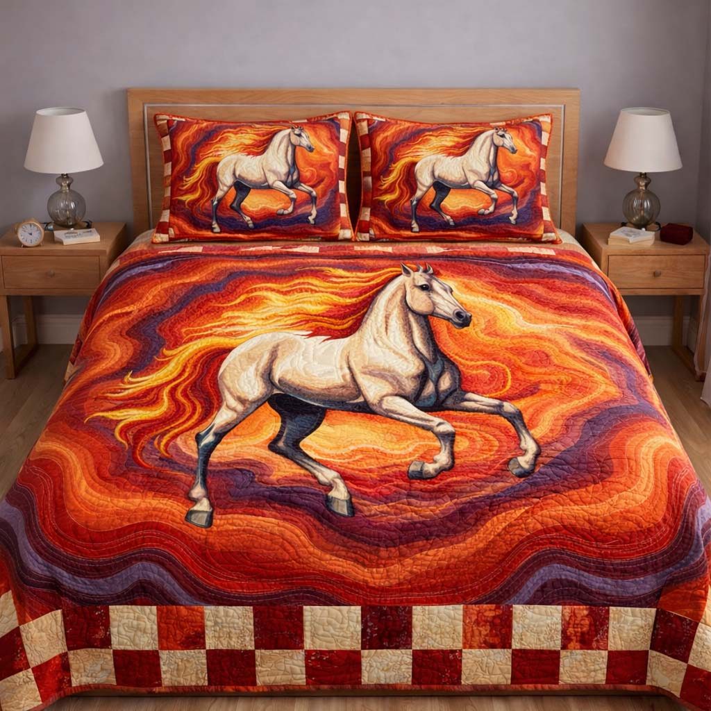 Horse Spirit quilted 3-piece bedding set on a made bed in a rustic timber bedroom