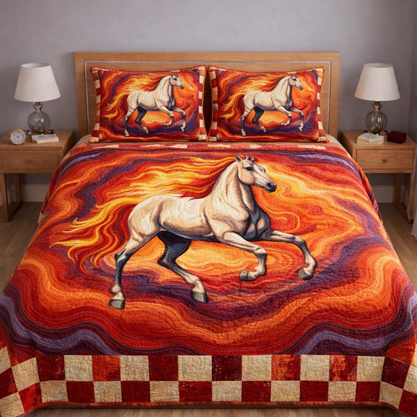 Horse Spirit quilted 3-piece bedding set on a made bed in a rustic timber bedroom