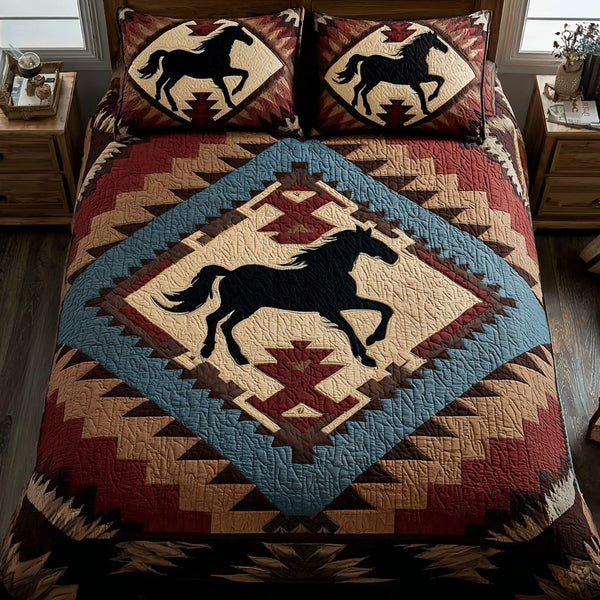 Horse Spirit quilted 3-piece bedding set on a made bed in a rustic timber bedroom