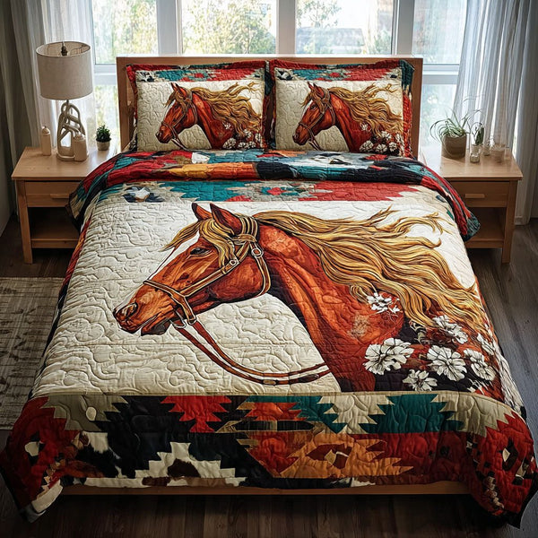 Horse Spirit quilted 3-piece bedding set on a made bed in a rustic timber bedroom