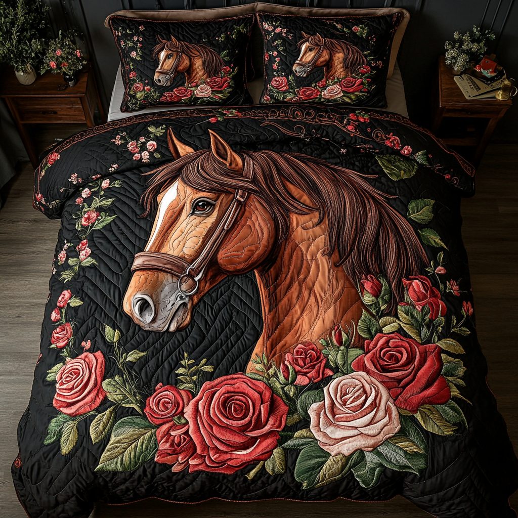 Horse Spirit quilted 3-piece bedding set on a made bed in a rustic timber bedroom
