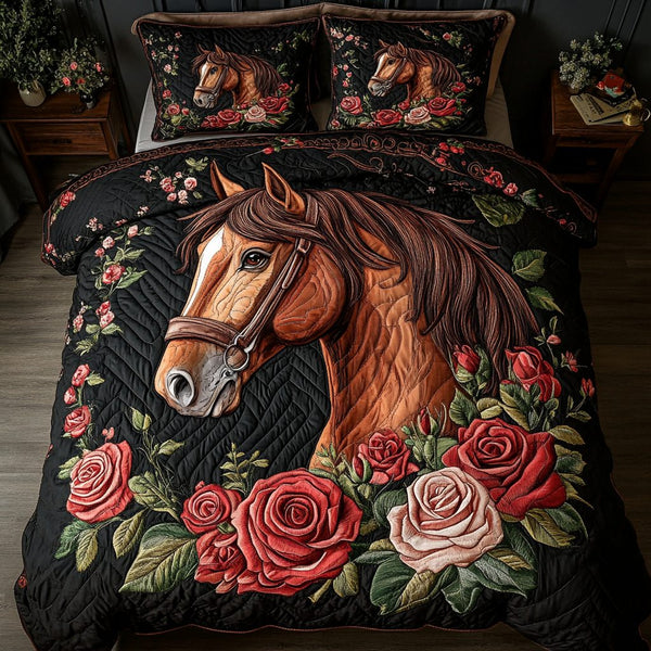 Horse Spirit quilted 3-piece bedding set on a made bed in a rustic timber bedroom