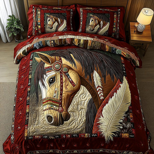 Horse Spirit quilted 3-piece bedding set on a made bed in a rustic timber bedroom