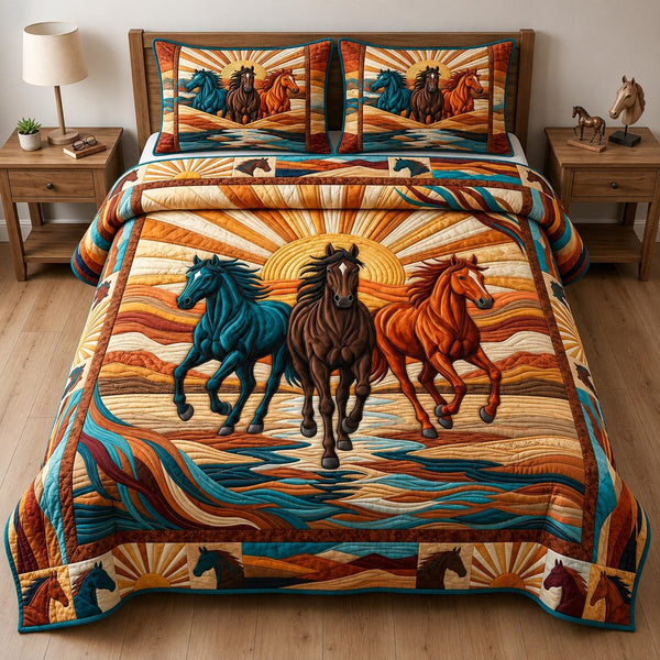 Horse Sunrise quilted 3-piece bedding set on a made bed in a rustic timber bedroom