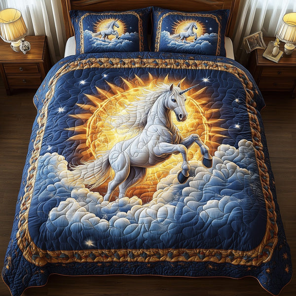 Horse Sunshine quilted 3-piece bedding set on a made bed in a rustic timber bedroom