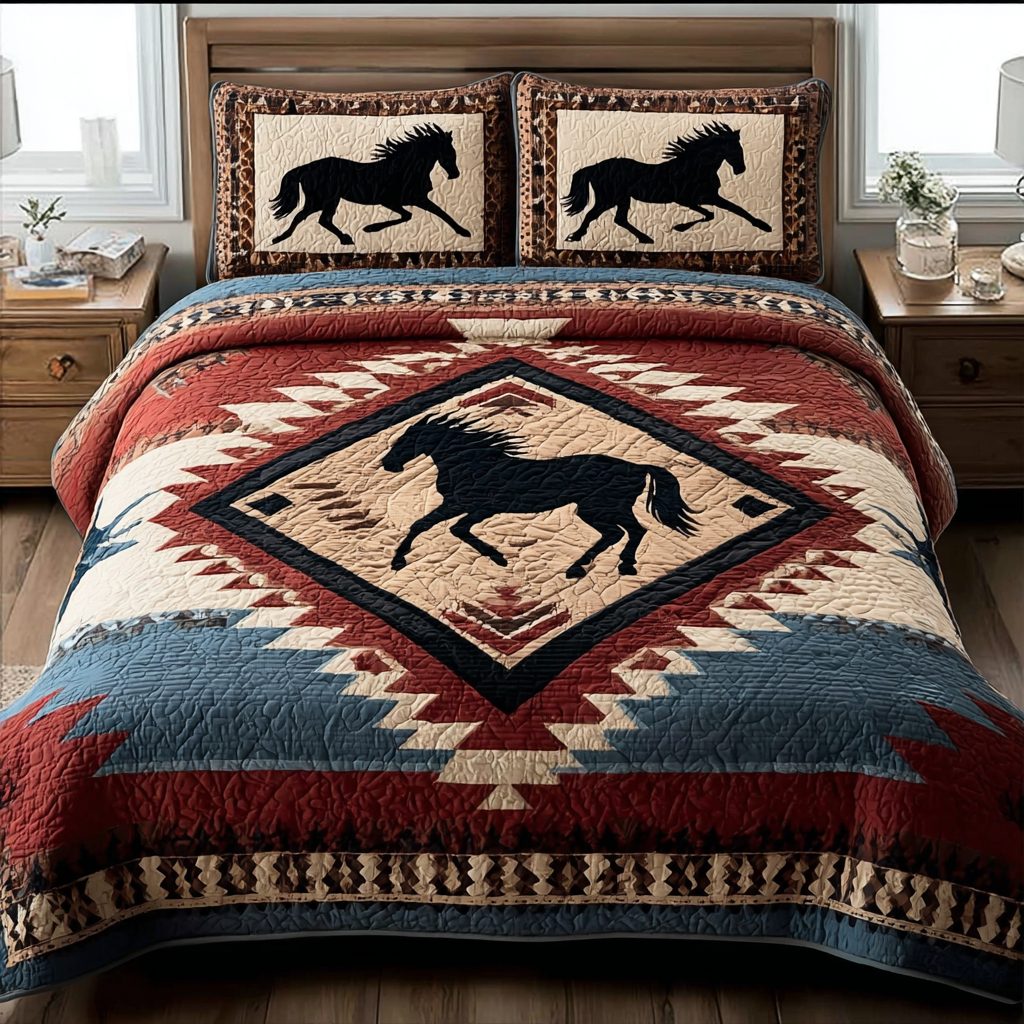 Horse Trail quilted 3-piece bedding set on a made bed in a rustic timber bedroom