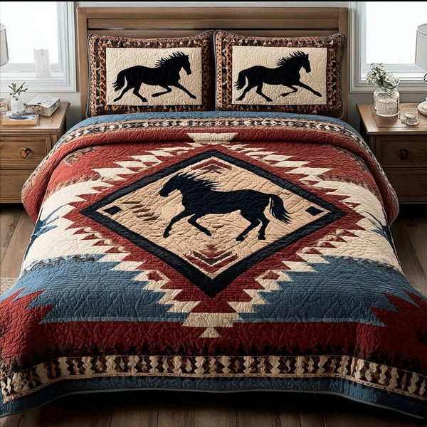 Horse Trail quilted 3-piece bedding set on a made bed in a rustic timber bedroom