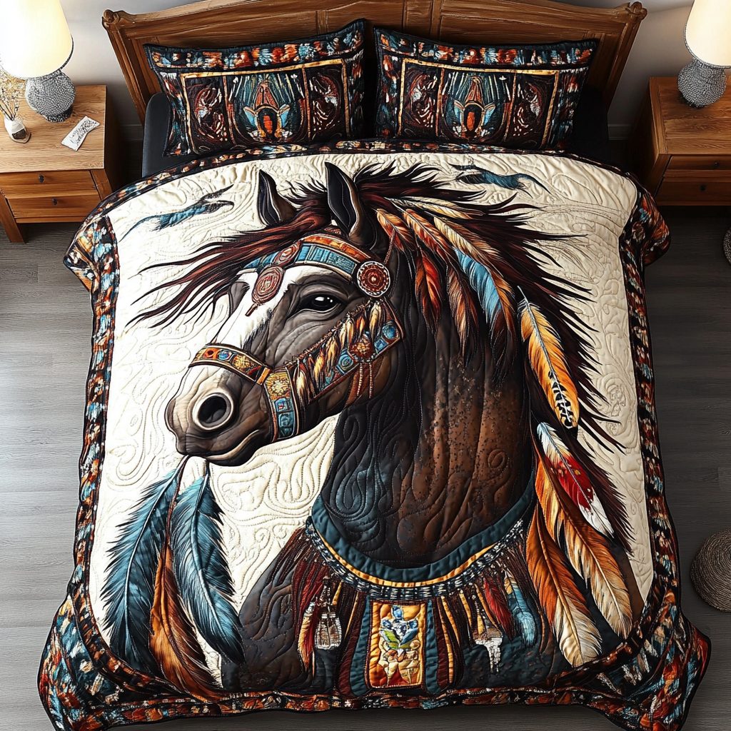 Horse Trail quilted 3-piece bedding set on a made bed in a rustic timber bedroom