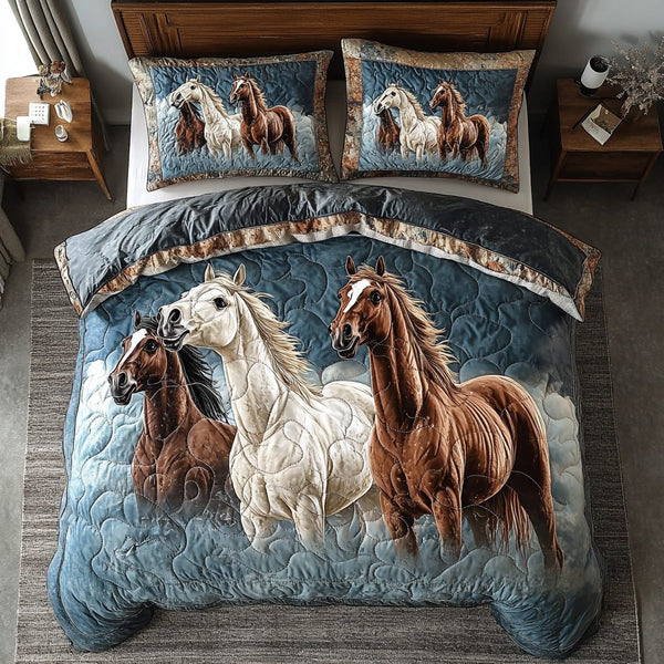 Horse Whisperer Dreams quilted 3-piece bedding set on a made bed in a rustic timber bedroom