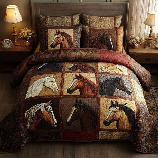 Horse Wonder quilted 3-piece bedding set on a made bed in a rustic timber bedroom