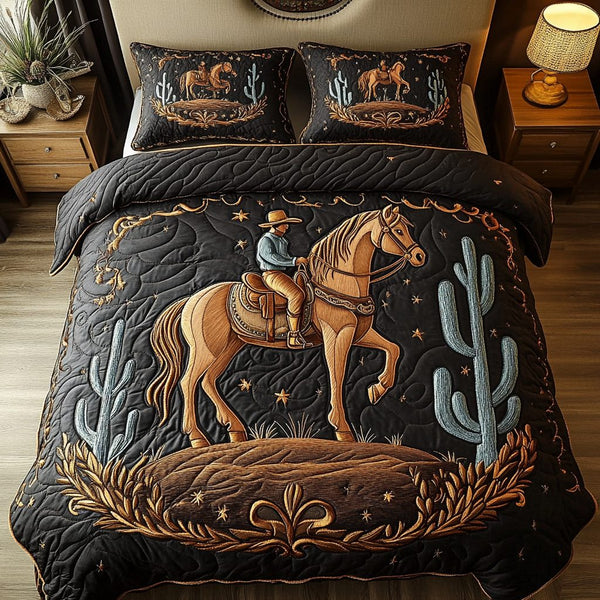 Horseback Bliss quilted 3-piece bedding set on a made bed with two matching pillow shams