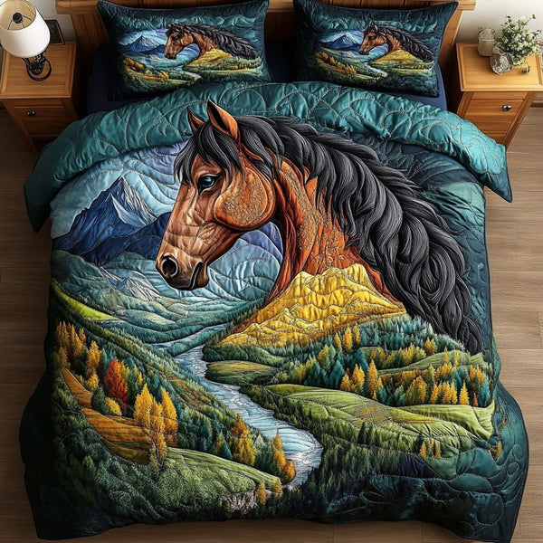 Horseback Dreams quilted 3-piece bedding set on a made bed with two matching pillow shams