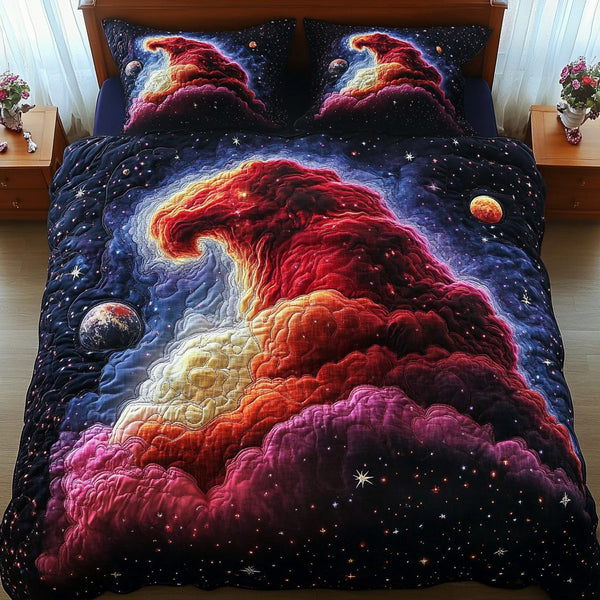 Horsehead Nebula quilted 3-piece bedding set on a made bed with two matching pillow shams
