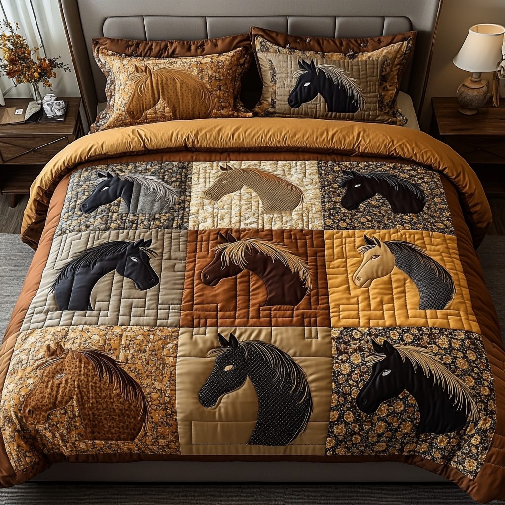 Horsepower quilted 3-piece bedding set on a made bed with two matching pillow shams