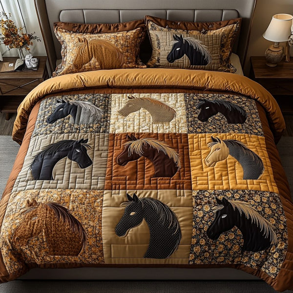Horsepower quilted 3-piece bedding set on a made bed with two matching pillow shams