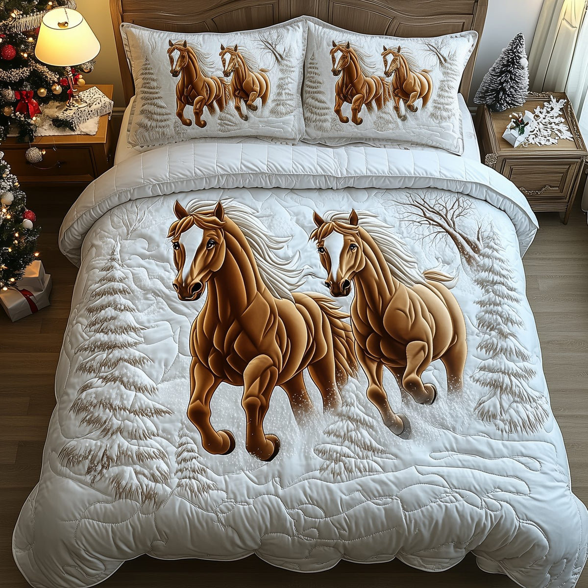Horses Frosty Trail quilted 3-piece bedding set on a made bed in a winter-styled bedroom