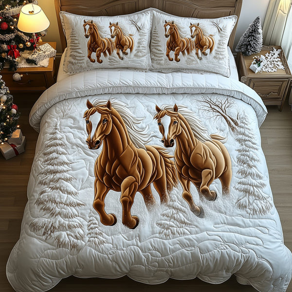 Horses Frosty Trail quilted 3-piece bedding set on a made bed in a winter-styled bedroom