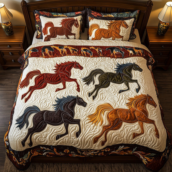 Horses of Fortune quilted 3-piece bedding set on a made bed in a rustic timber bedroom