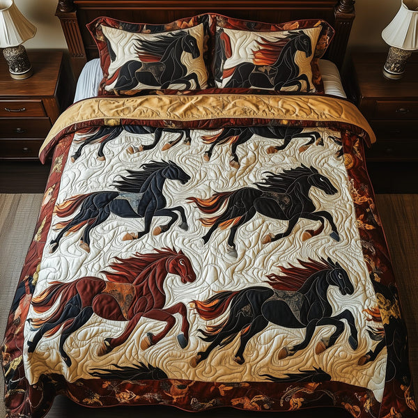 Horses of Fortune quilted 3-piece bedding set on a made bed in a rustic timber bedroom