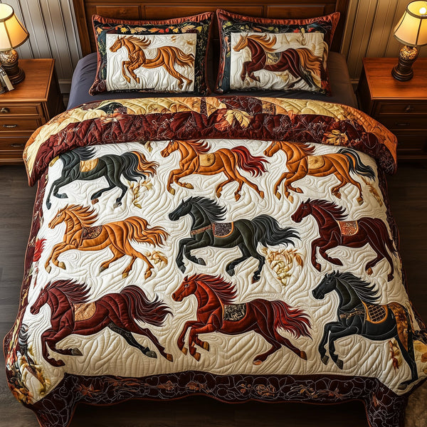 Horses of Fortune quilted 3-piece bedding set on a made bed in a rustic timber bedroom