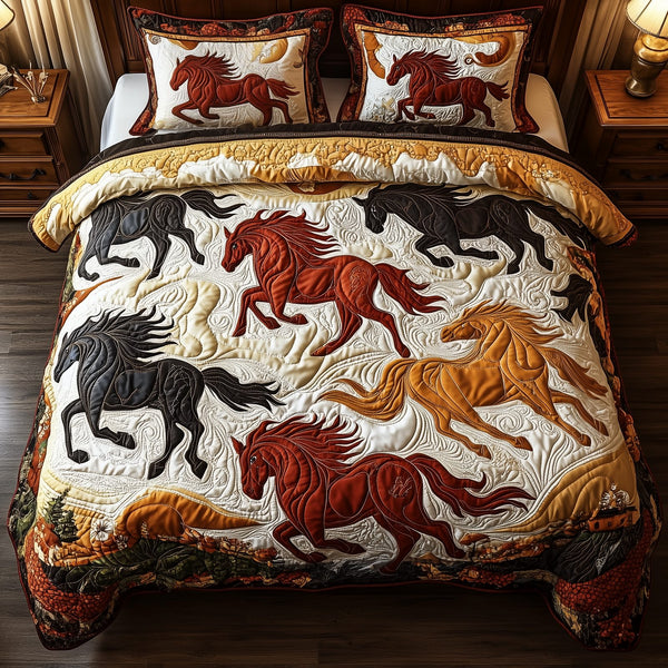 Horses of Fortune quilted 3-piece bedding set on a made bed in a rustic timber bedroom