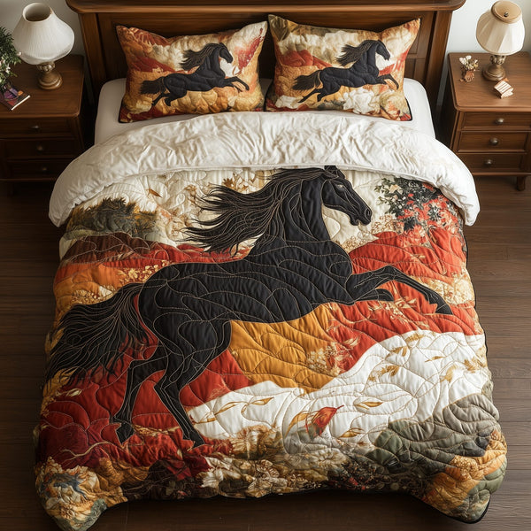 Horses of Fortune quilted 3-piece bedding set on a made bed in a rustic timber bedroom