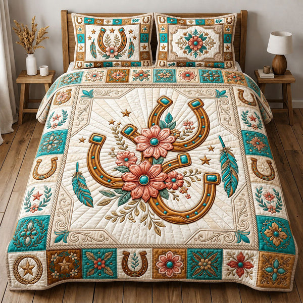 Horseshoe Floral Teal quilted 3-piece bedding set on a made bed with two matching pillow shams