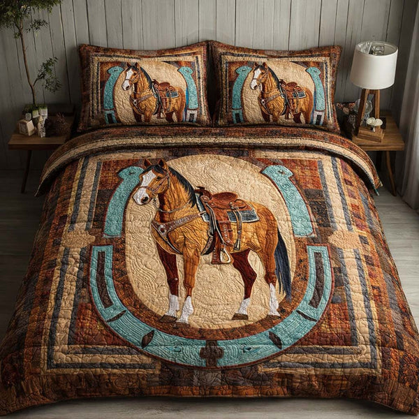 Horseshoe Stallion quilted 3-piece bedding set on a made bed in a rustic timber bedroom